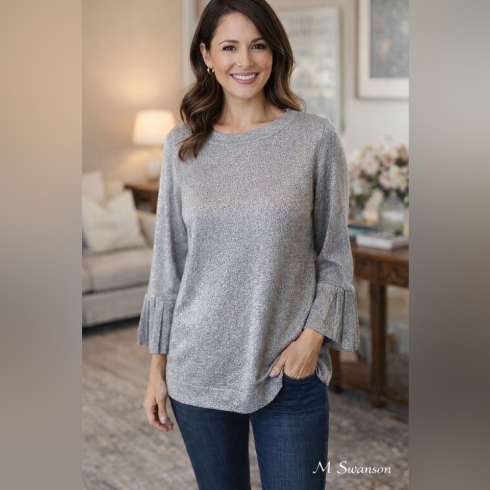 Melissa Paige Metallic Knit Sweater Size LP Petite Silver Bell Sleeve NWT